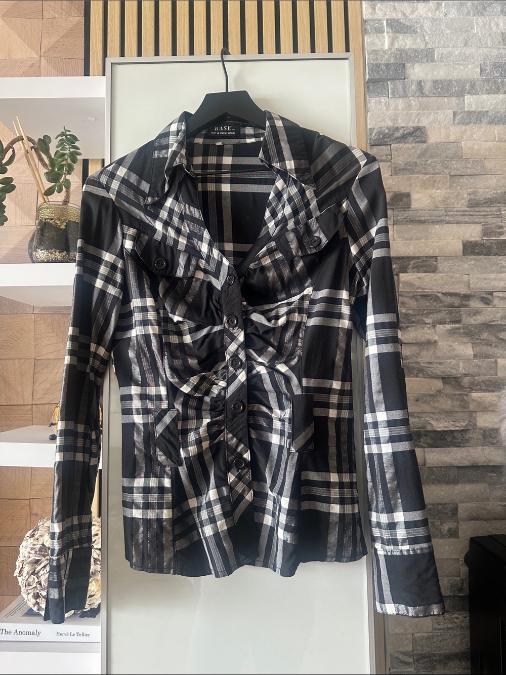 Plaid Ruffle-Front Button Blouse in Black & White